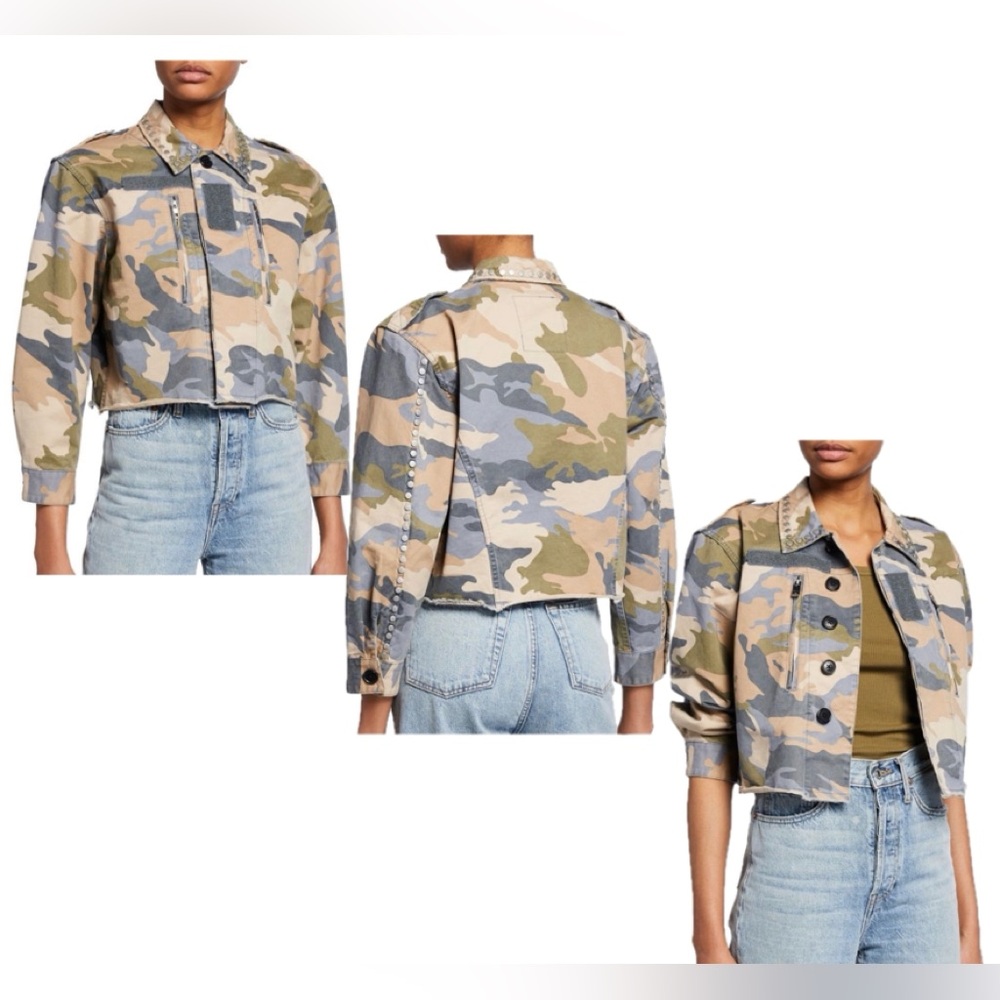 Zadig & Voltaire cropped camouflage jacket studded collar trim raw hemline L
